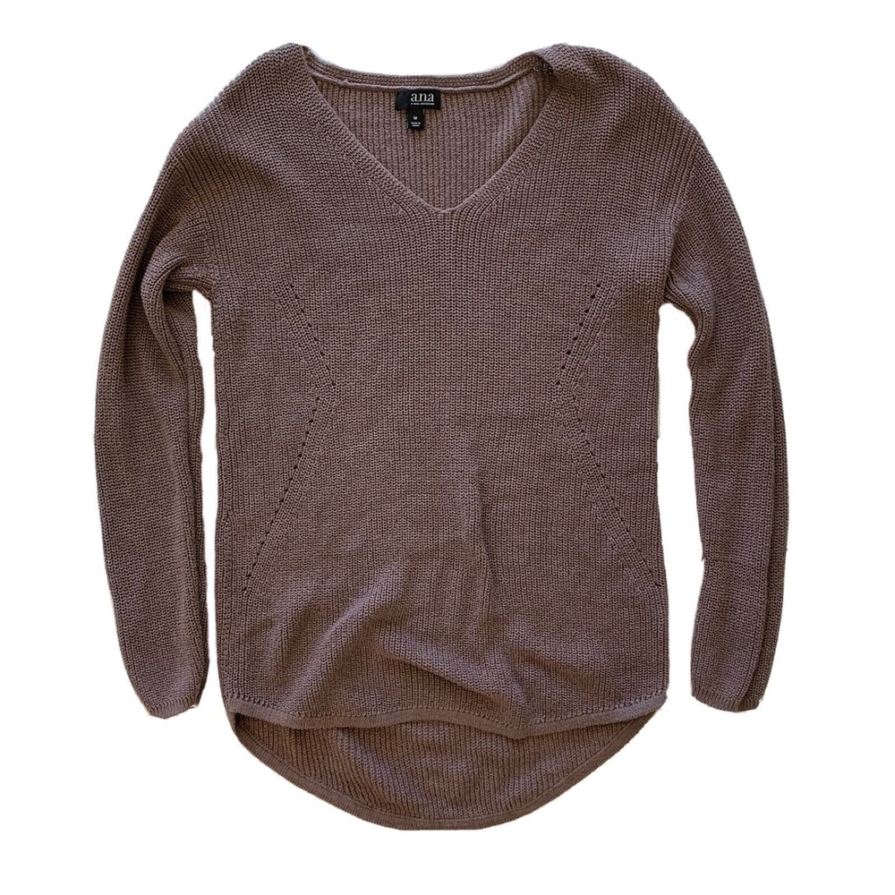 Taupe and Metallic Gold Laced Knit V Neck Tunic Sweater